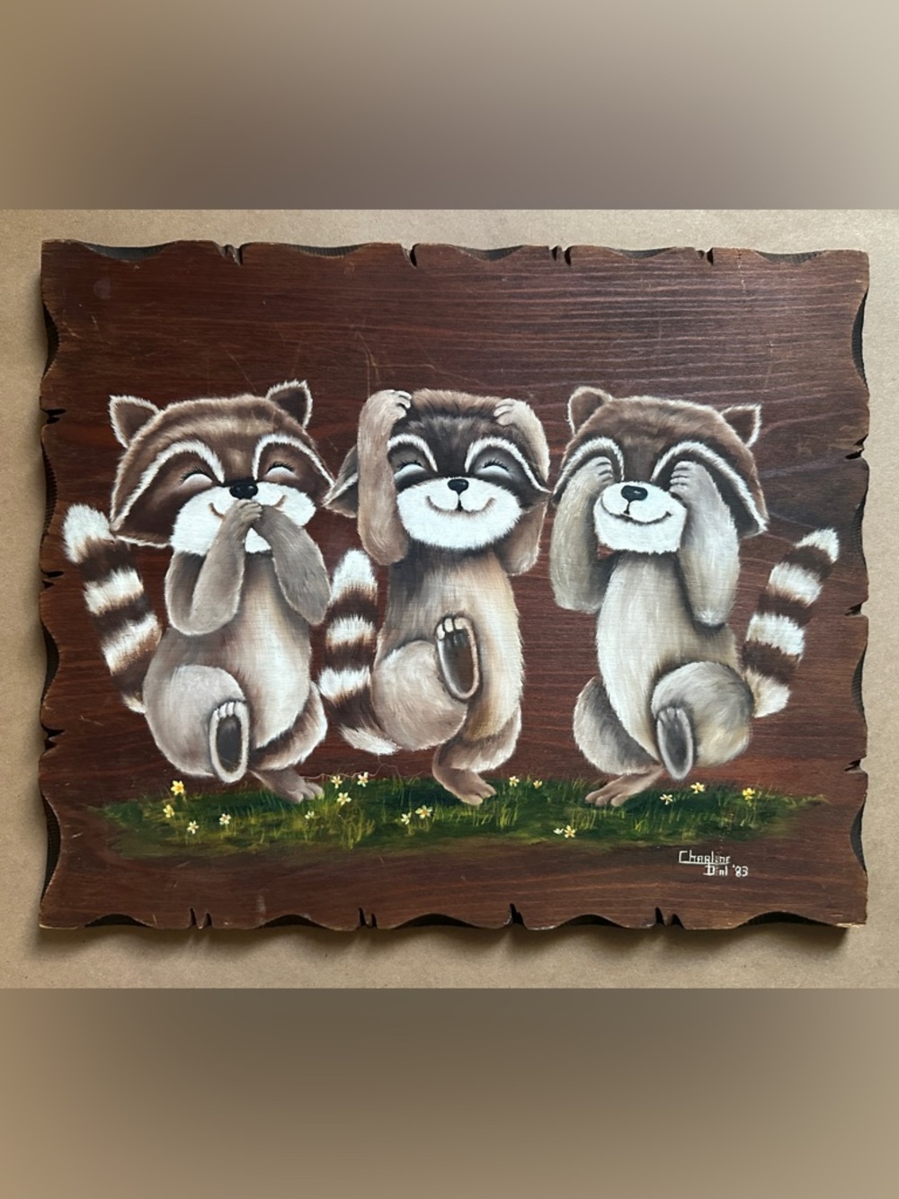 1983 Kitschy Rustic Folk Art Raccoon Painting Speak Hear See No Evil 17x14